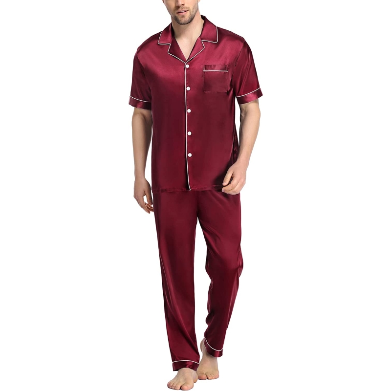 SWOMOG Men's Silk Satin Pajama Set Short Sleeve Classic Sleepwear Button Down Loungewear with Long Pants